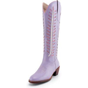 ⚡Women Purple Faux Leather Knee High Round toe 2 Inch Chunky Heel Cowgirl Boots